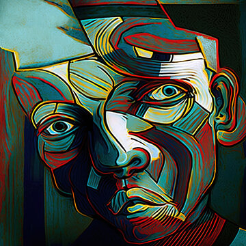 close up abstract multimedium photocollage digital painting of a man in cubism style  ai generated 