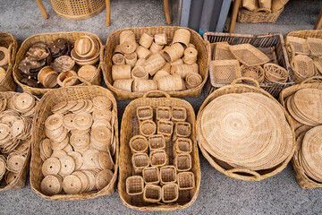 Weaving items from the vine. Basket Weaving, Handicraft of Bamboo and wicker Basket. bamboo wicker