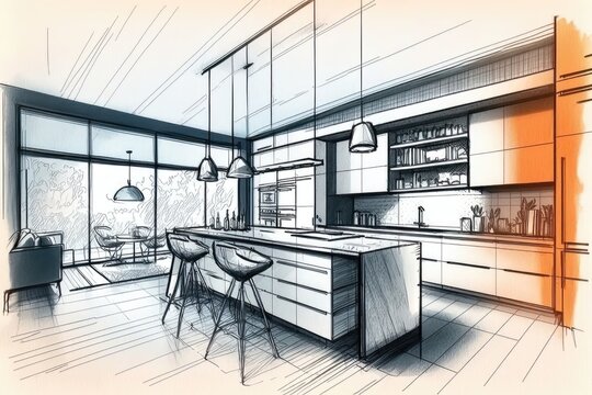 Modern Kitchen Interior Sketch 1. Generative AI
