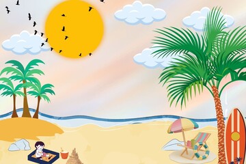 Fototapeta na wymiar Hello summer banner with luggage and airplane. Vector illustration in flat style