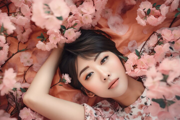 Obraz na płótnie Canvas Sakura. Hanami. Beautiful Young Korean woman lies surrounded by branches of cherry blossoms. Photorealistic illustration generated by AI.