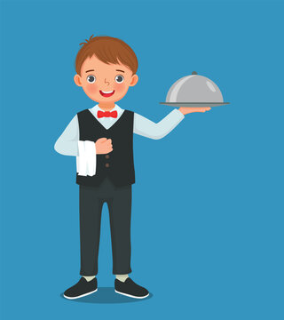 recommend clip art: Cute little boy waiter holding silver tray serving food