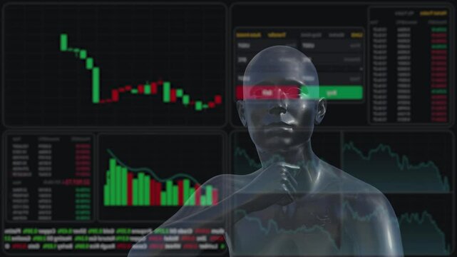 3d render. Robot studying stock charts on a virtual screen. 