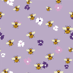 Seamless pattern with bees on floral background. Small wasp. Vector illustration. Adorable cartoon character. Template design for invitation, cards, textile, fabric. Doodle style