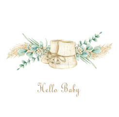 Watercolor illustration card hello baby with knitted socks, eucalyptus, flowers. Isolated on white background. Hand drawn clipart. Perfect for card, postcard, tags, invitation, printing, wrapping.