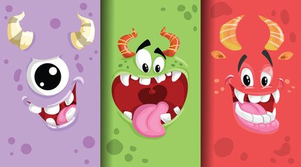 Cartoon monster emotions faces set. Cute horned monster faces with different expressions. Best for children supplies and party designs. Vector illustrations collection.