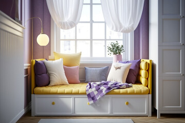 Obraz na płótnie Canvas Modern bedroom interior design. Cozy Built-in near the window with pillows. Super photo realistic background. Generative ai illustration