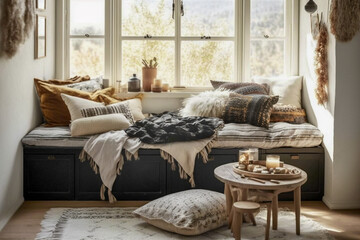 Modern bedroom interior design. Cozy Built-in near the window with pillows. Super photo realistic background. Generative ai illustration