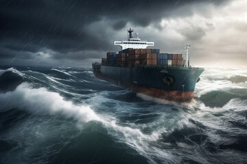 Cargo ship in a stormy sea - Generative AI