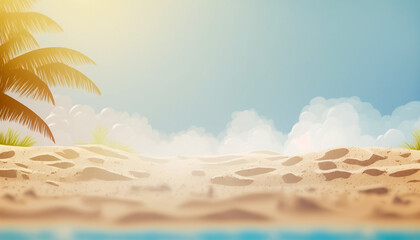 Beach product background with sand, palm tree and clouds, beach Blur Background scene