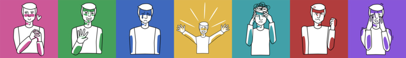 Set of different man emotions. Love and disgust, sadness and happiness, adult male anger, fear and stress. Sketched style line drawing.