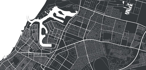 Ajman vector map. Detailed black map of Ajman city poster with streets. Cityscape poster metropolitan aria view.