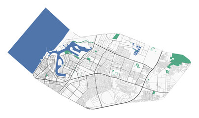 Ajman map, administrative territory of the city. UAE capital detailed city plan. Roads, parks.