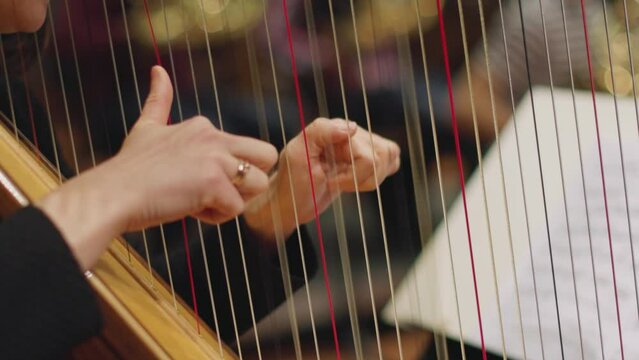 A slow motion video of a musican playing the harp in the middle register during a classical symphony orchestra rehearsal