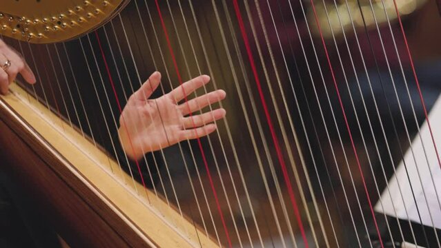 A slow motion video of a musician playing a glissando on a harp during a classical symphony orchestra concert