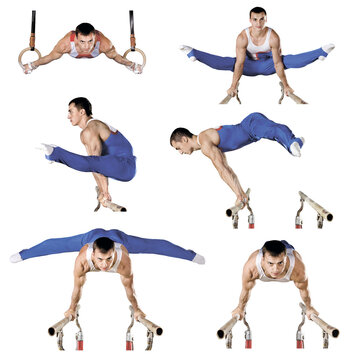 sportsman carries out difficult exercise in artistic gymnastics, on transparent background