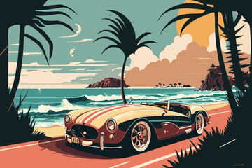 Summer concept. Nice roadster on the way to summer holidays on the coast. Vector art. Generative AI technology.