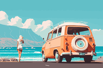 Summer concept. Girl in white dress on the way to summer holidays with her van. Vector art. Generative AI technology.