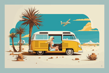 Summer concept. Girl in van on the way to summer holidays. Vector art. Generative AI technology. - obrazy, fototapety, plakaty