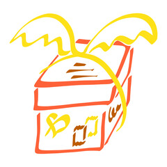 rectangular red box with yellow wings on a ribbon, with postage stamps and a heart, pattern on a white background