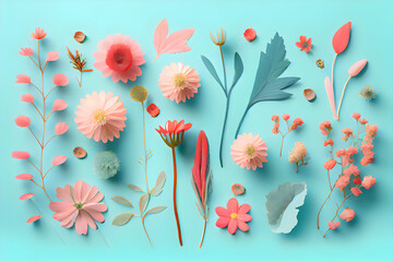 Flowers composition. Colourful flowers on blue background. Flat lay, top view, AI generative
