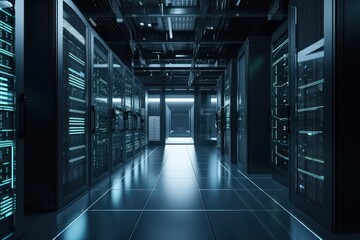 Obraz na płótnie Canvas High tech data center with rows of servers, generative ai 