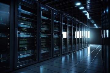 Fototapeta na wymiar High tech data center with rows of servers, generative ai 
