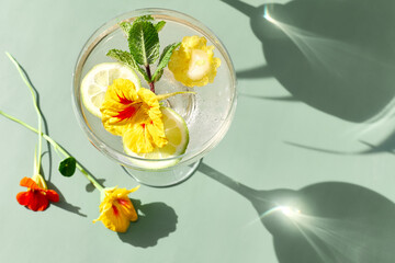 Iced lemonade with edible nasturtium flowers, lime and mint leaves. Refreshing summer drink. Healthy organic summer soda drink. Detox water. Diet unalcolic coctail.