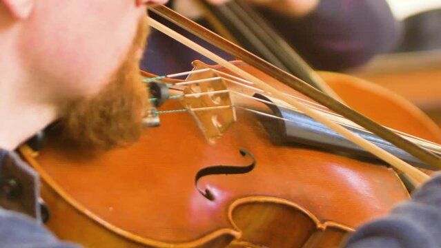 Over the shoulder of a male viola player playing in a string quartet in a small, bright church