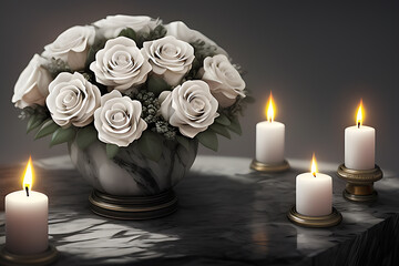 Bouquet of plucked rose flowers on black marble background and candles. Mourning, condolence and sorrow concept Generative AI - obrazy, fototapety, plakaty