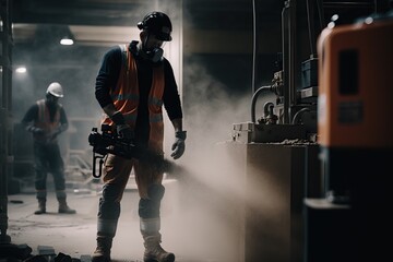 Worker in interior construction site. Generative AI illustration.
