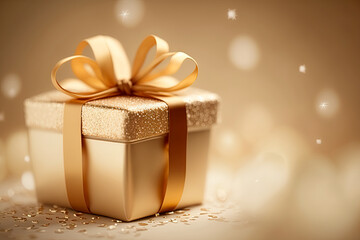 Holiday gift in golden fancy box decorated with big beautiful bow and bright ribbon
