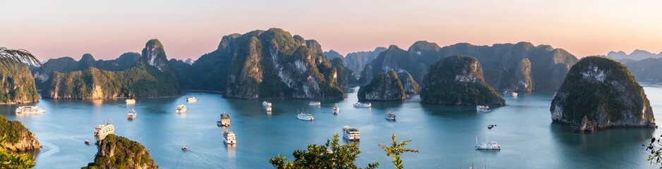 Panoramic view on amazing sunset at Ha Long Bay. South China Sea, Vietnam, Asia