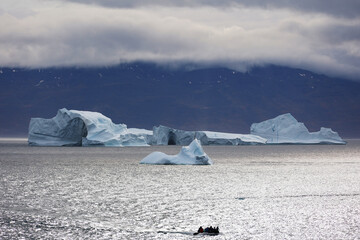 Dinghy ride to the icebergs in Disko Bay, Arctic, Greenland, Denmark
