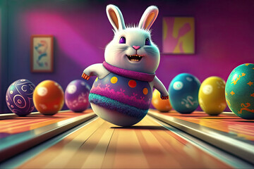 An easter bunny going bowling with easter eggs, funny, Generative AI
