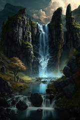beautiful waterfall in a fantasy landscape, Generative AI