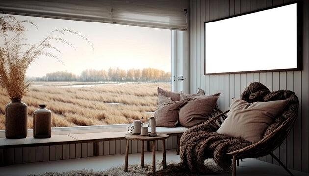 Nordic living room with brown sigle sofa near large window with filed view. Generative AI