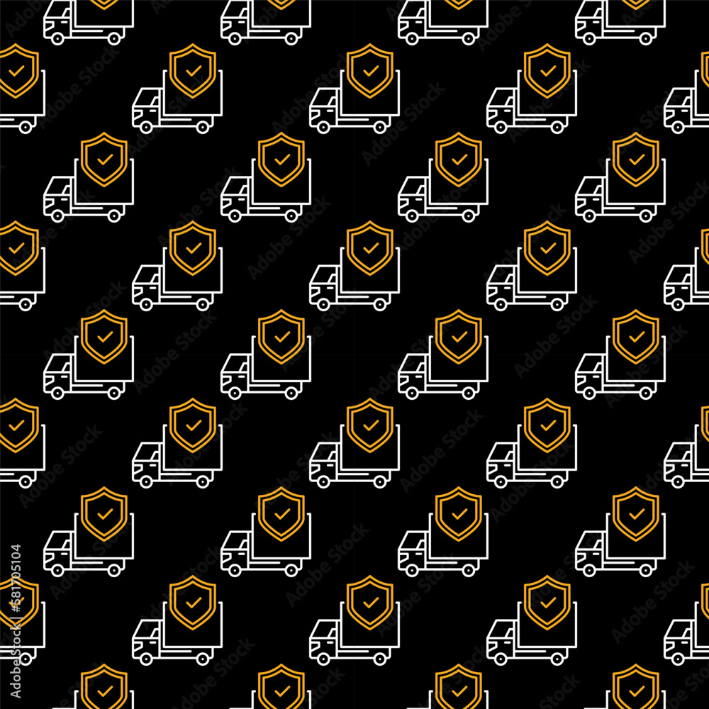 Poster shield and delivery truck vector cargo insurance line dark seamless pattern