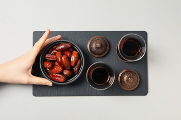 Concept of tasty food, dates, top view