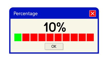 10 percentage text on the computer window alert popup.  Retro pc interface, vintage web browser alert, old screen vector illustration. 10/100