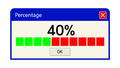 40 percentage text on the computer window alert popup.  Retro pc interface, vintage web browser alert, old screen vector illustration. 40/100
