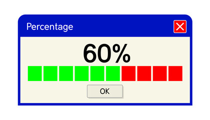 60 percentage text on the computer window alert popup.  Retro pc interface, vintage web browser alert, old screen vector illustration. 60/100
