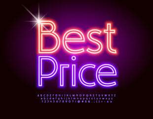 Vector colorful poster Best Price. Modern Neon Font. Glowing Alphabet Letters and Numbers set