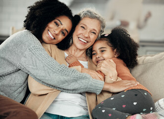 Happy, hug and portrait of family with affection, visit and bonding on mothers day. Smile,...