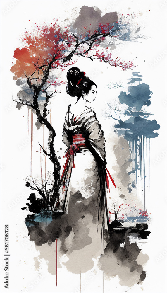 Wall mural a beautiful geisha standing in front of a sacred wood, sumi-e illustration for your poster, wallpape