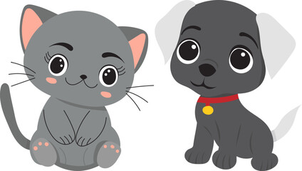 kitten and puppy on white background isolated, vector