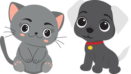 Obraz premium kitten and puppy on white background isolated, vector
