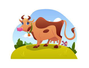 Milk Cow Grazing in the Meadow. Farm Animal Feeding on Organic Grassland. Vector Illustration in Cartoon Style.