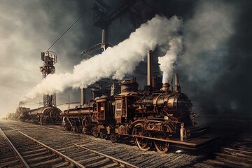 Fototapeta na wymiar Illustration of old-time steam engine on white background, AI-generated image. Generative AI
