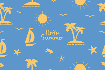 Summer seamless pattern. Suitable for printing, textiles, backgrounds, wallpaper, wrapping paper, packaging. Blue background.